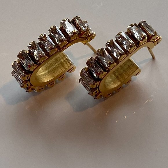 White Baguette Cubic Zirconia Stainless Steel Earrings - Picture 3 of 11